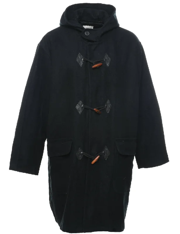 Hooded Black Duffle Coat - L Three-Quarter Sleeve Elbow Sleeve Wrist Sleeve