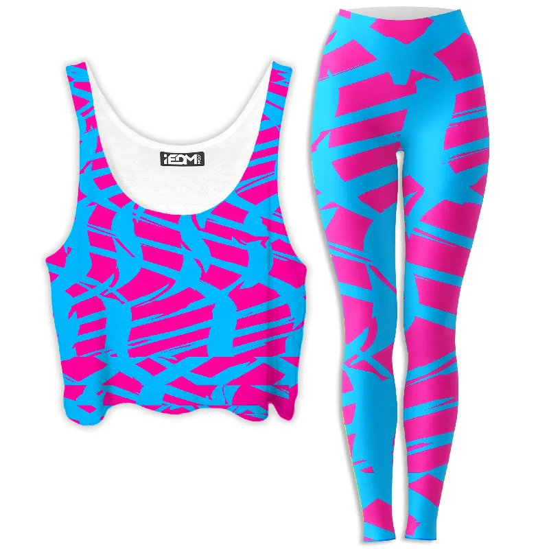 Pink and Blue Squiggly Rave Checkered Crop Top and Leggings Combo Houndstooth Herringbone Solid