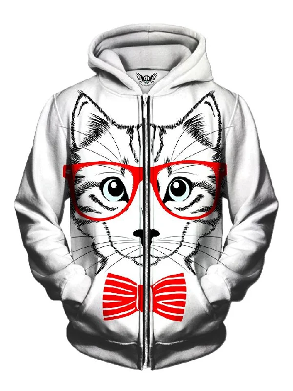Four Eyes Bow Tie Kitty Cat Zip-Up Hoodie Hoodie with Front Slit Layering Stylish