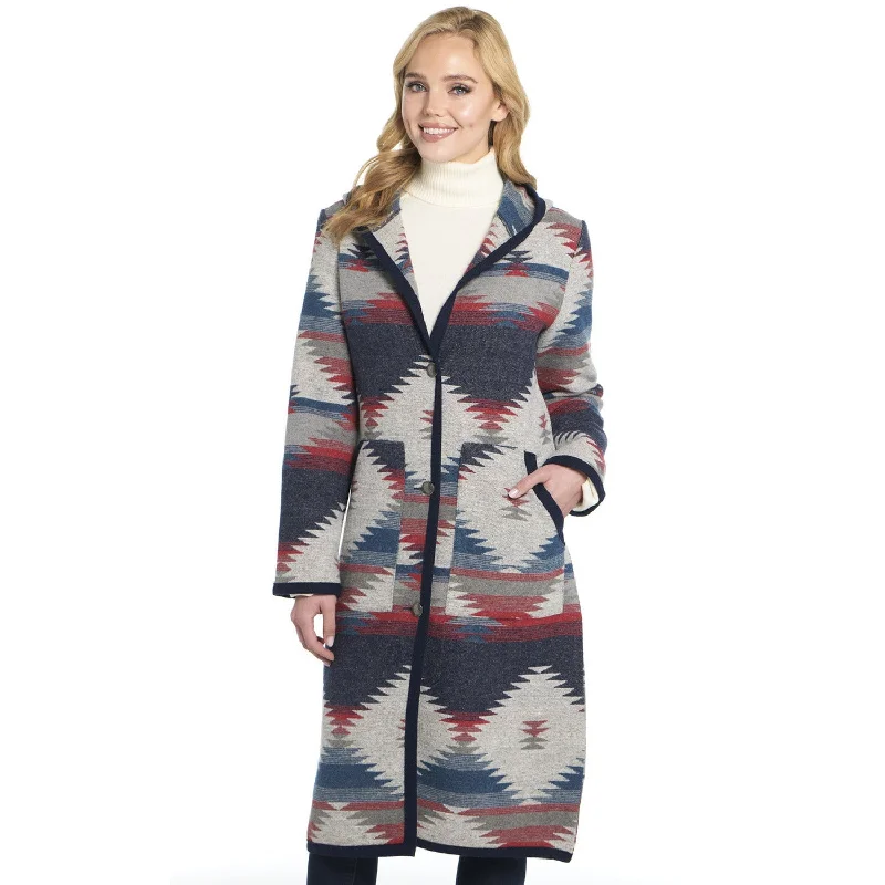 Cripple Creek Womens Button Front Navajo Blanket Scenic Blue Polyester Duster Coat Front Pockets Side Pockets Patch Pockets