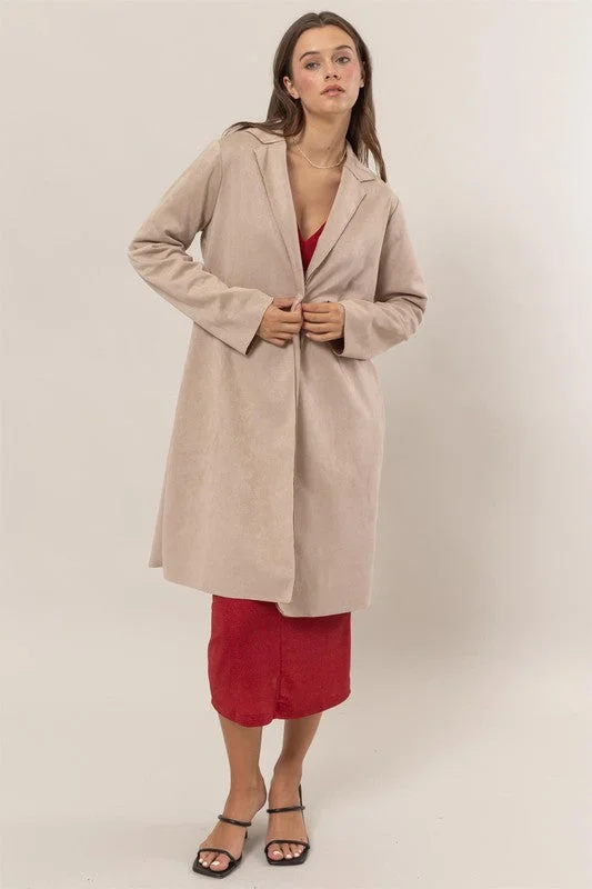 London Open Front Suede Coat Solid Print Jacquard