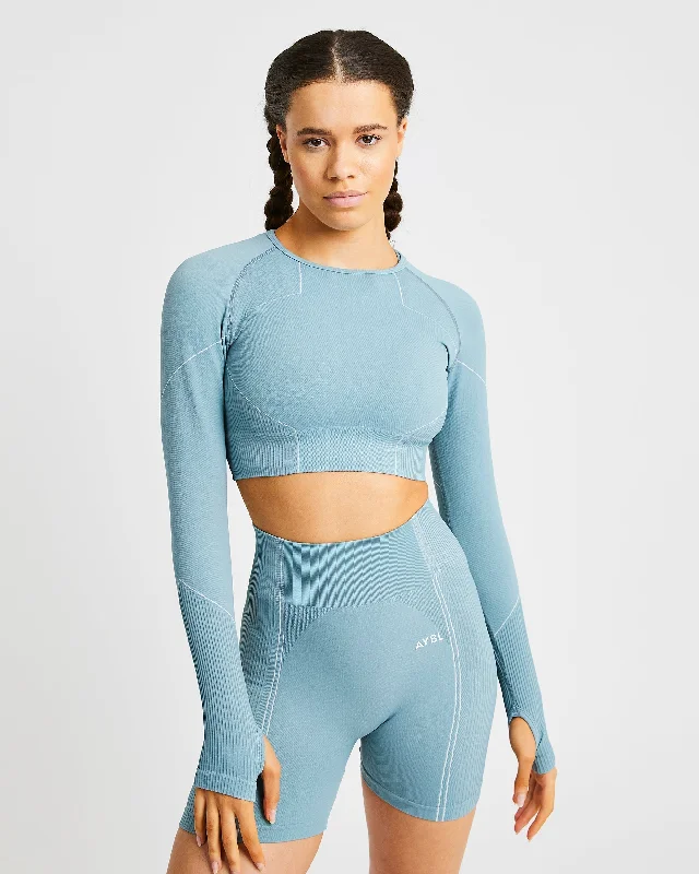 Reflex Seamless Long Sleeve Crop Top - Teal Rayon Velvet Corduroy