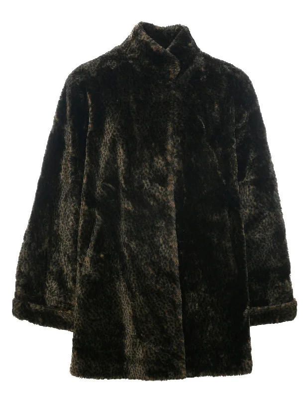 Leopard Print Faux Fur Coat - M Wool Cashmere Tweed