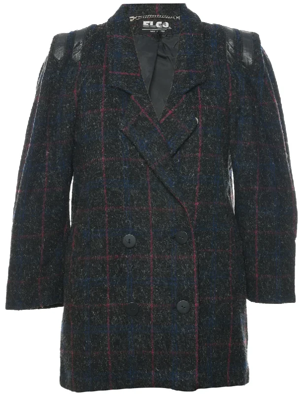 Checked Pattern Wool Coat - M Appliqued Beaded Sequined