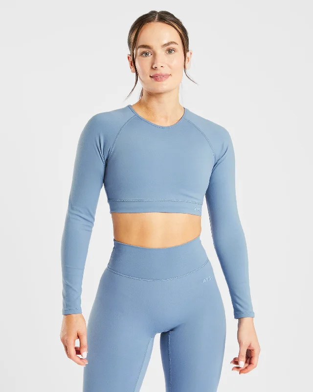 Staple Long Sleeve Crop Top - Slate Blue Welt Pockets Slit Pockets Flap Pockets