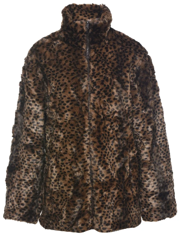 Leopard Pattern Faux Fur Coat - L Tailored Straight A-Line