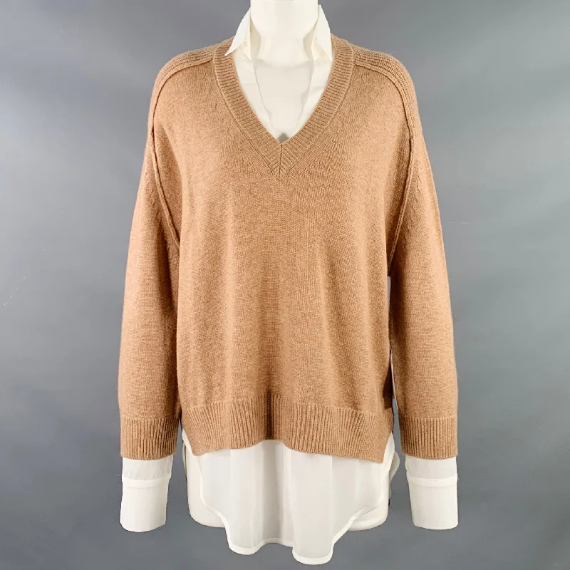 BROCHU WALKER Size M Camel White Wool Cashmere Knit Layered Pullover Cowl Neck Pullover BROCHU WALKER Size M Camel White Wool Cashmere Knit Layered Pullover Cowl Neck Pullover
