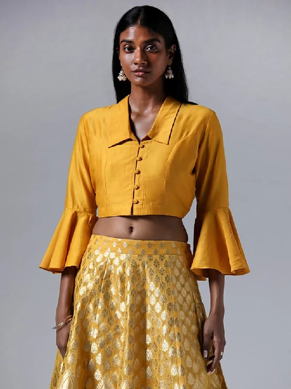 Vark Solid Mustard Buttoned Crop Top Print Jacquard Patchwork