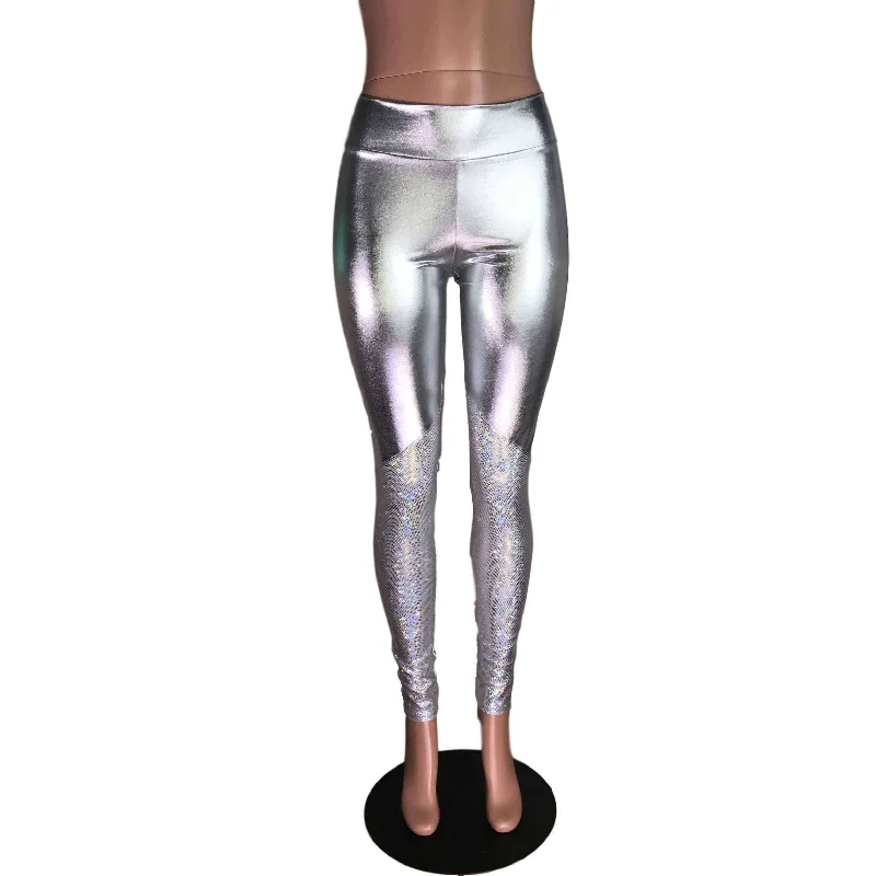 Metallic Silver and Shattered Glass Mid-Rise Leggings Pants Chic Smooth Fit Leggings Metallic Silver and Shattered Glass Mid-Rise Leggings Pants Chic Smooth Fit Leggings