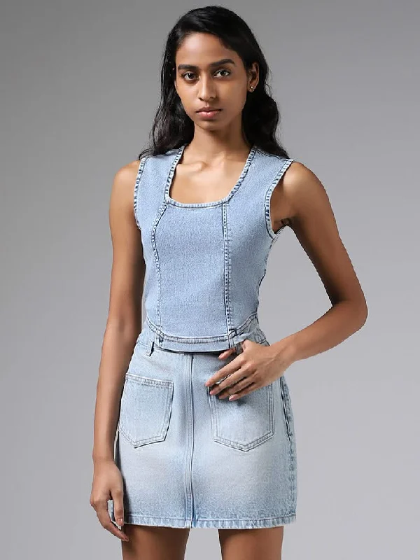 Nuon Light Blue Denim Crop Top Polka Dot Checkered Tartan