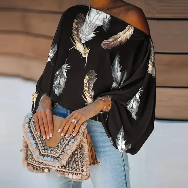 Women Plus Size Elegant Irregular Oblique-Shoulder Pullover Butterfly Feather Printed Loose Blouse Zipper Front Cardigan Women Plus Size Elegant Irregular Oblique-Shoulder Pullover Butterfly Feather Printed Loose Blouse Zipper Front Cardigan