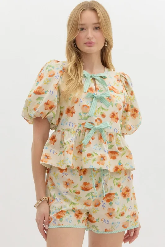 Floral Print Short Bubble Sleeve Pullover Babydoll Top Notched Neck Pullover