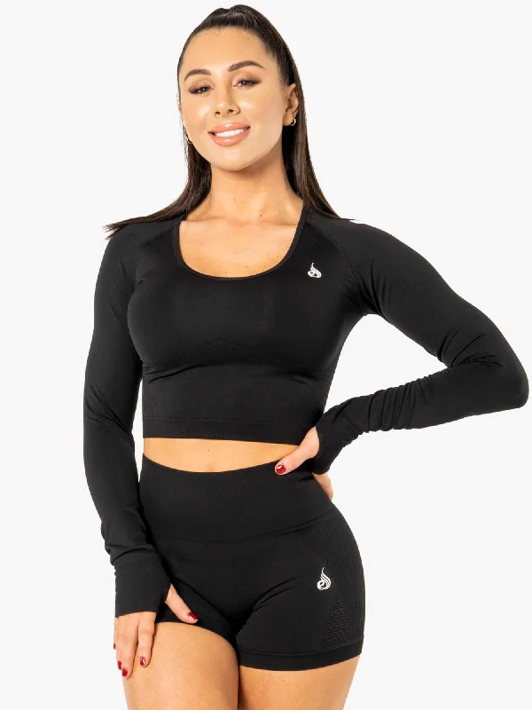 Electra Seamless Long Sleeve Crop Top - Black Denim Fabric Leather Fabric Suede Fabric Electra Seamless Long Sleeve Crop Top - Black Denim Fabric Leather Fabric Suede Fabric