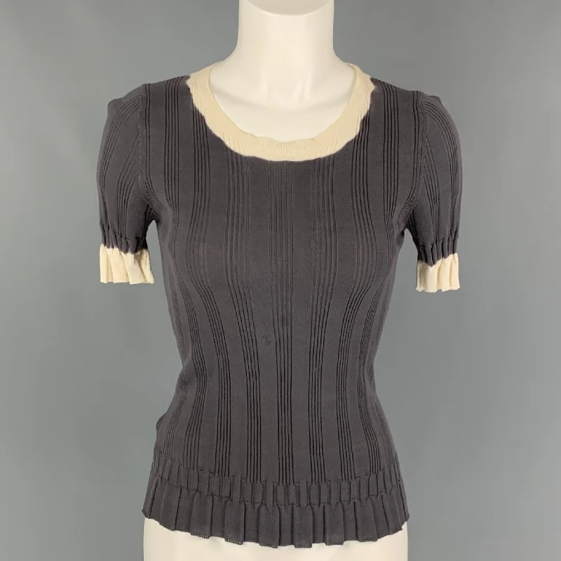 PRADA Size 4 Grey Cream Cotton Ribbed Short Sleeve Pullover Long Bell Sleeve