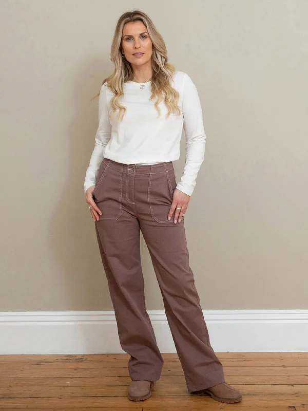 Evershot wide leg twill trousers mocha Trousers Leather Faux