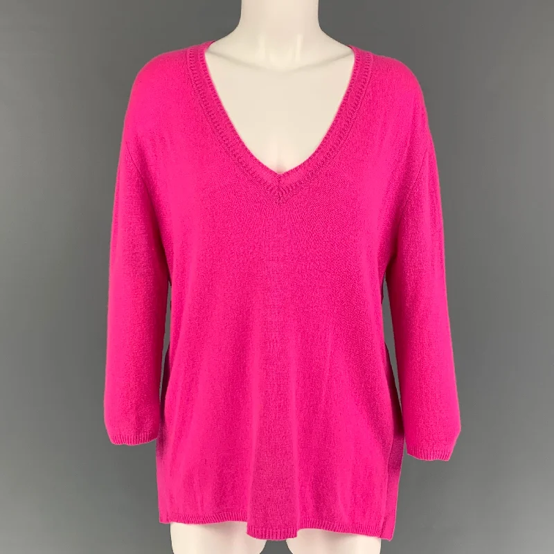 MAGASCHONI Size S Pink Cashmere Knitted V-Neck Pullover Gathered Sleeve Pullover
