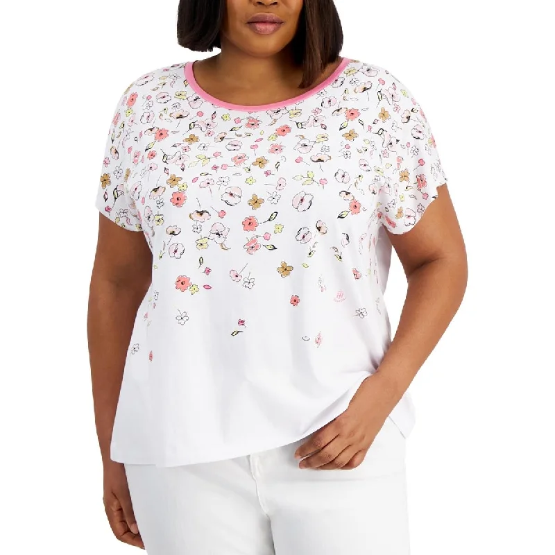 Tommy Hilfiger Womens Plus Ditsy Doodle Scoop Neck Short Sleeve Pullover Top High Neck Pullover