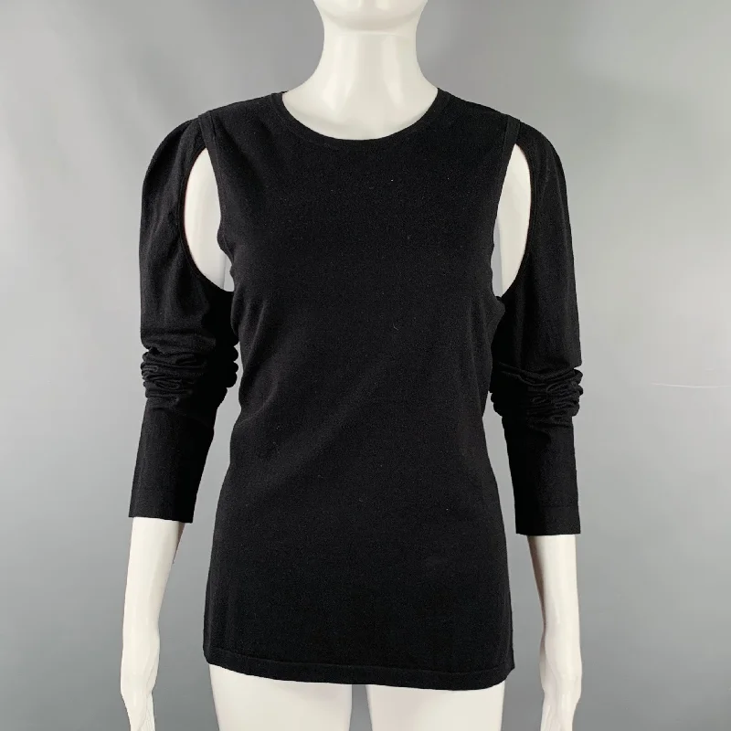 HELMUT LANG Size L Black Cut Out Crew Neck Pullover Puff Sleeve Stylish