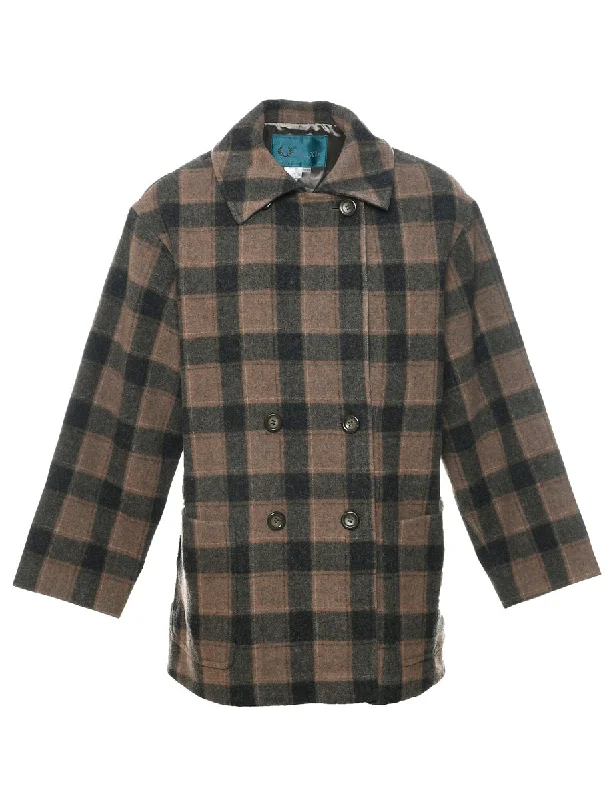Checked Wool Coat - L Lapel Coat Peter Pan Collar Coat Cowl Neck Coat