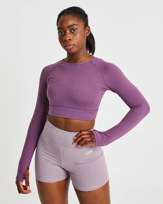 Core Long Sleeve Crop Top - Purple Solid Color Striped Floral