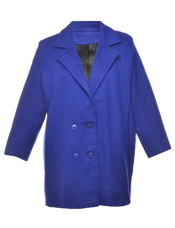 Classic Blue Wool Coat - L Square Neck One-Shoulder Off-the-Shoulder