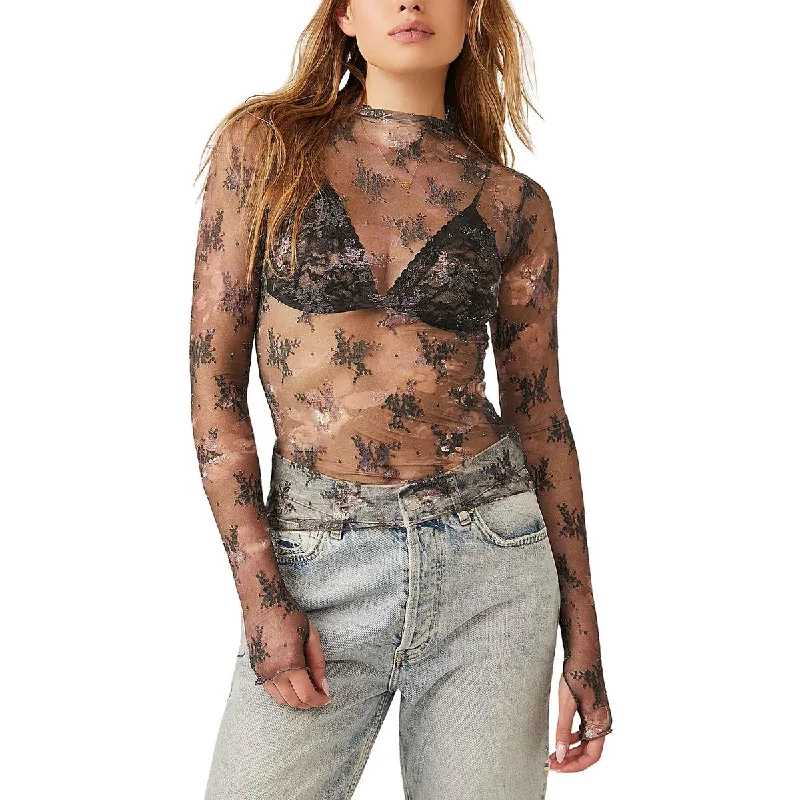 Intimately Free People Womens Sheer Floral Pullover Top Slit Sleeve Stylish