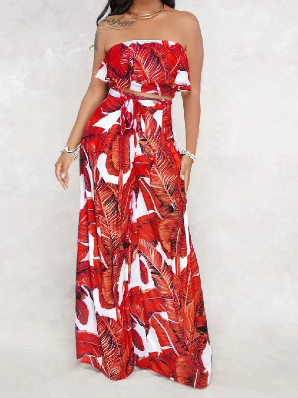 SEXY PRINTING STRAPLESS FLOUNCE TOP WIDE-LEG TROUSERS SUIT Trousers Essential Wardrobe SEXY PRINTING STRAPLESS FLOUNCE TOP WIDE-LEG TROUSERS SUIT Trousers Essential Wardrobe