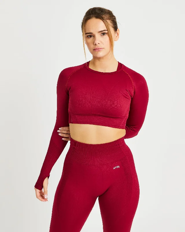 Balance V2 Seamless Long Sleeve Crop Top - Rumba Red Houndstooth Herringbone Solid