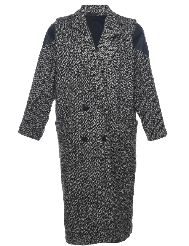 Herringbone Tweed Wool Coat - L Fleece Down Feather