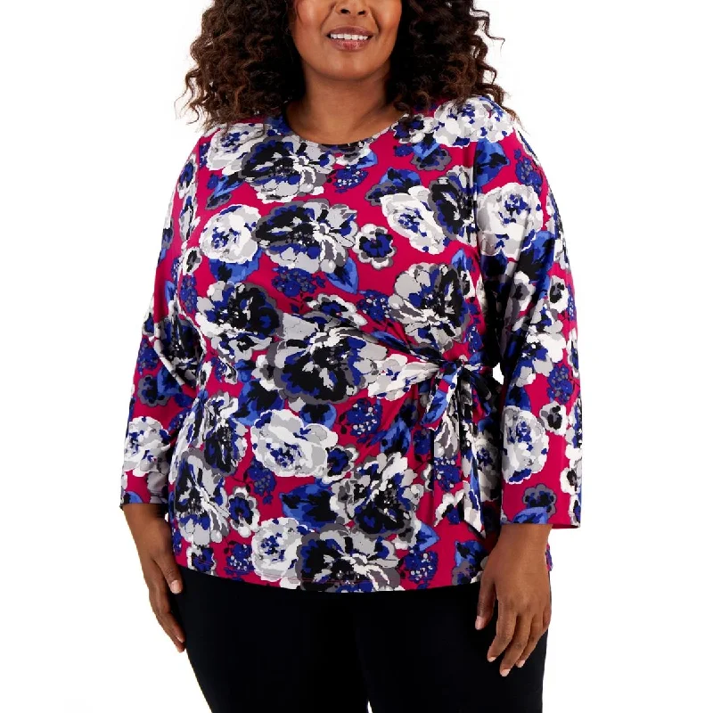 Kasper Womens Plus Floral Print Day To Night Pullover Top Textured Knit Design