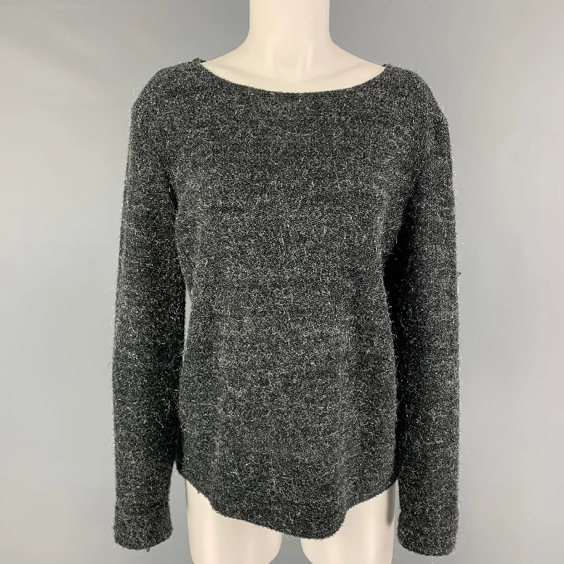 LOES HINSE Size L Grey Silver Metallic Boat Neck Pullover Cowl Neck Pullover