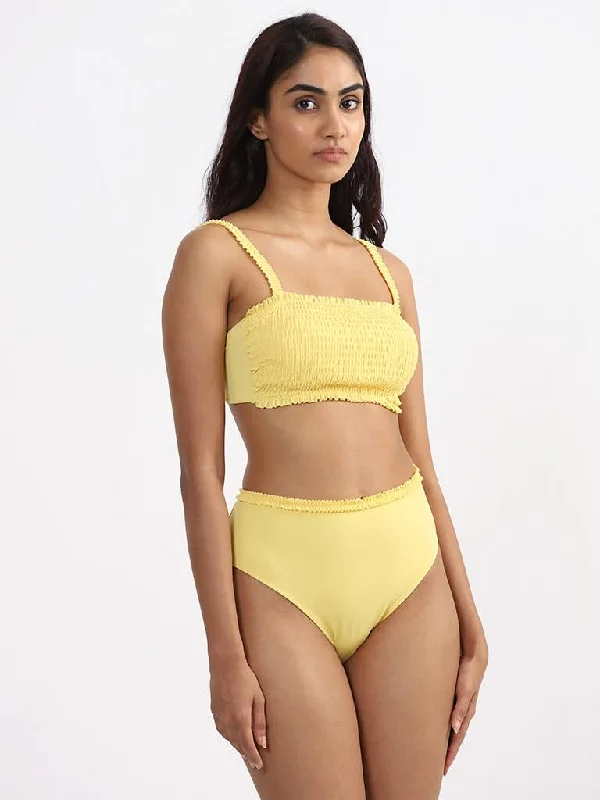 Wunderlove Solid Yellow Bikini Crop Top Plaid Crop Top Polka Dot Checkered