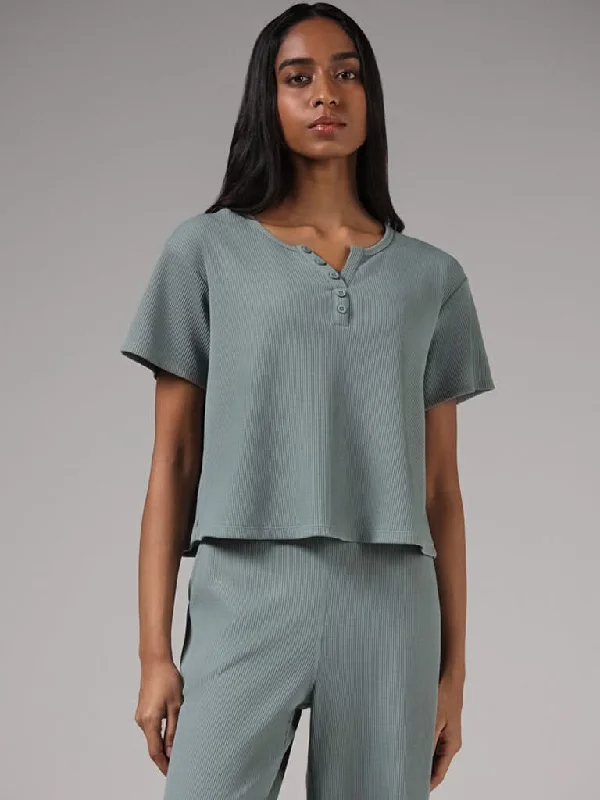 Superstar Sea Green Self Textured Crop Top Ribbed Crop Top High Neck Heavyweight