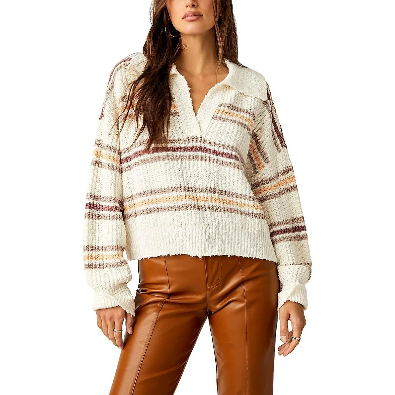Free People Womens Collared Striped Pullover Sweater Seamless Knit Pullover