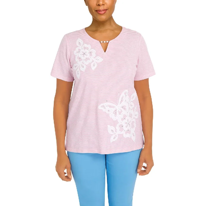 Alfred Dunner Womens Striped Floral Pullover Top Solo Sleeve Pullover
