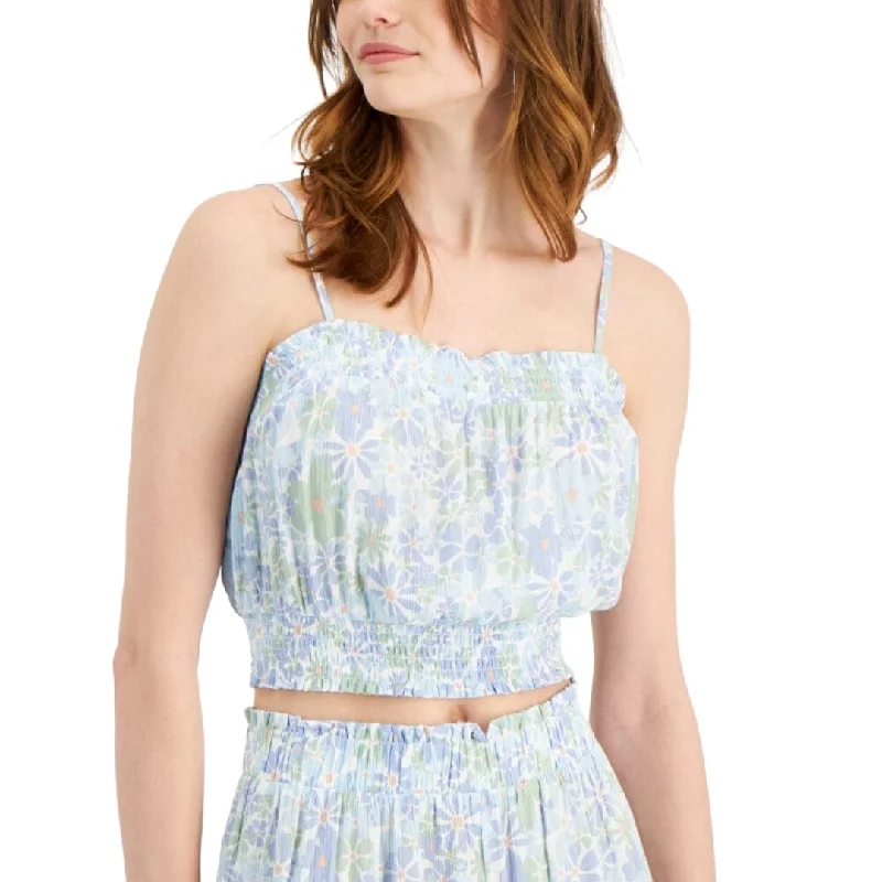 HIPPIE ROSE - Floral Print Smocked Crop Top Zippered Buttoned Snapped
