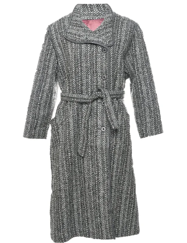 Herringbone Tweed Wool Coat - L Cotton Linen Terry