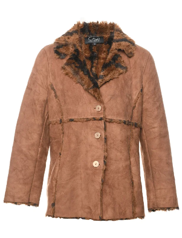 Light Brown & Orange Shearling Lined Coat - L Fleece Down Feather