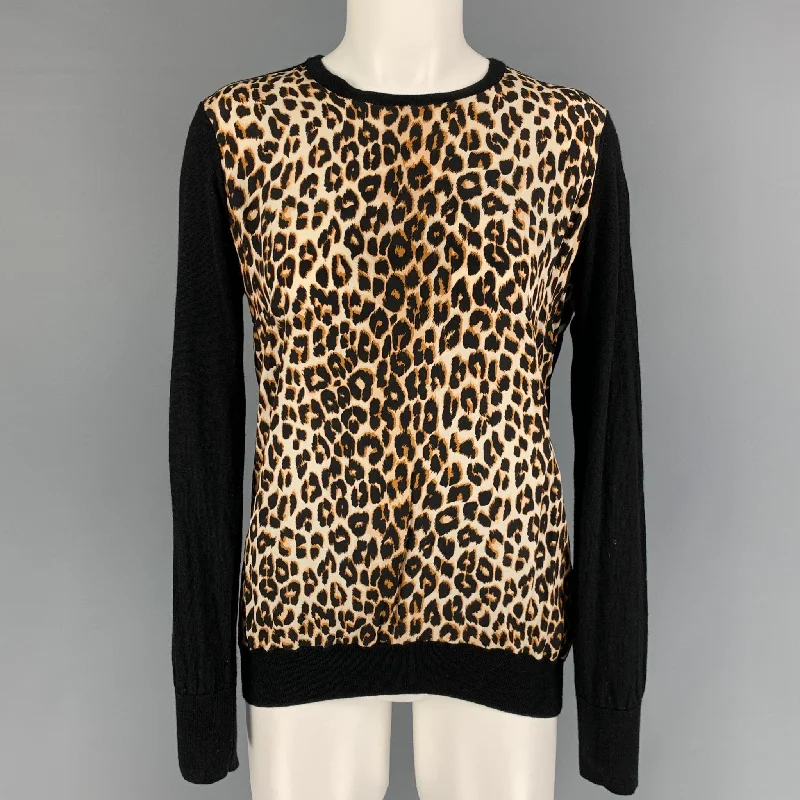 EQUIPMENT Size M Black Tan Wool Silk Leopard Crew-Neck Pullover Soft Wool Sweater