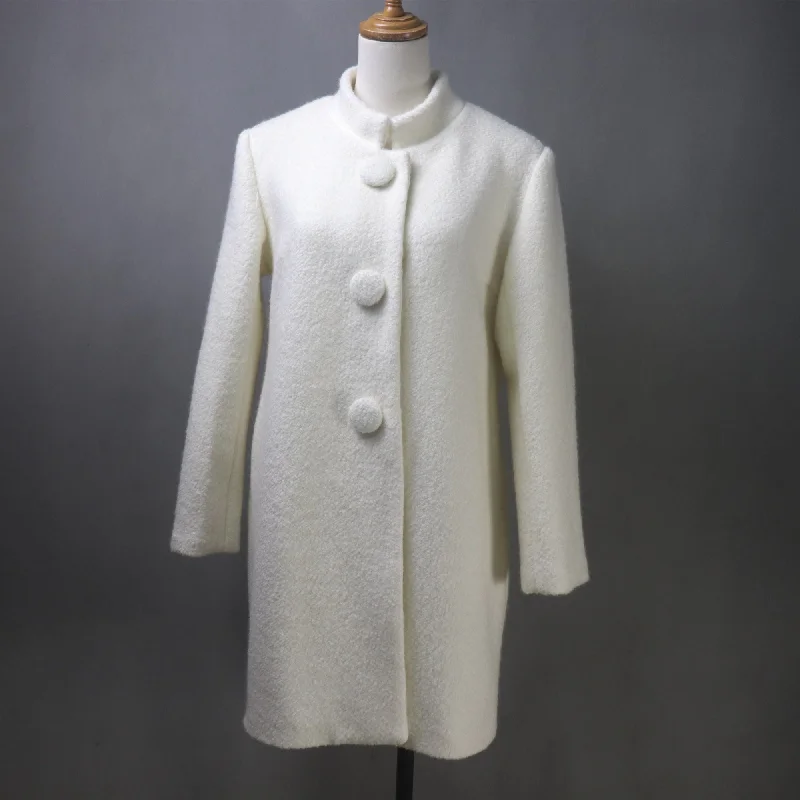 White Wool Loose Fit Long Coat with Stand-Up Collar Striped Polka Dot Solid