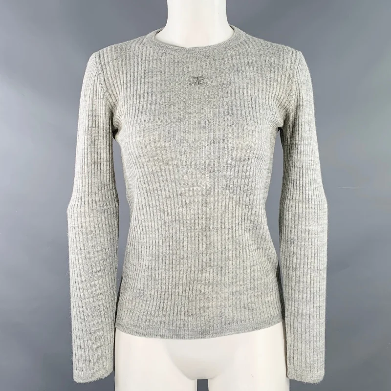 COURREGES Size S Grey Rib Knit Crew Neck Pullover Plunging Neck Pullover