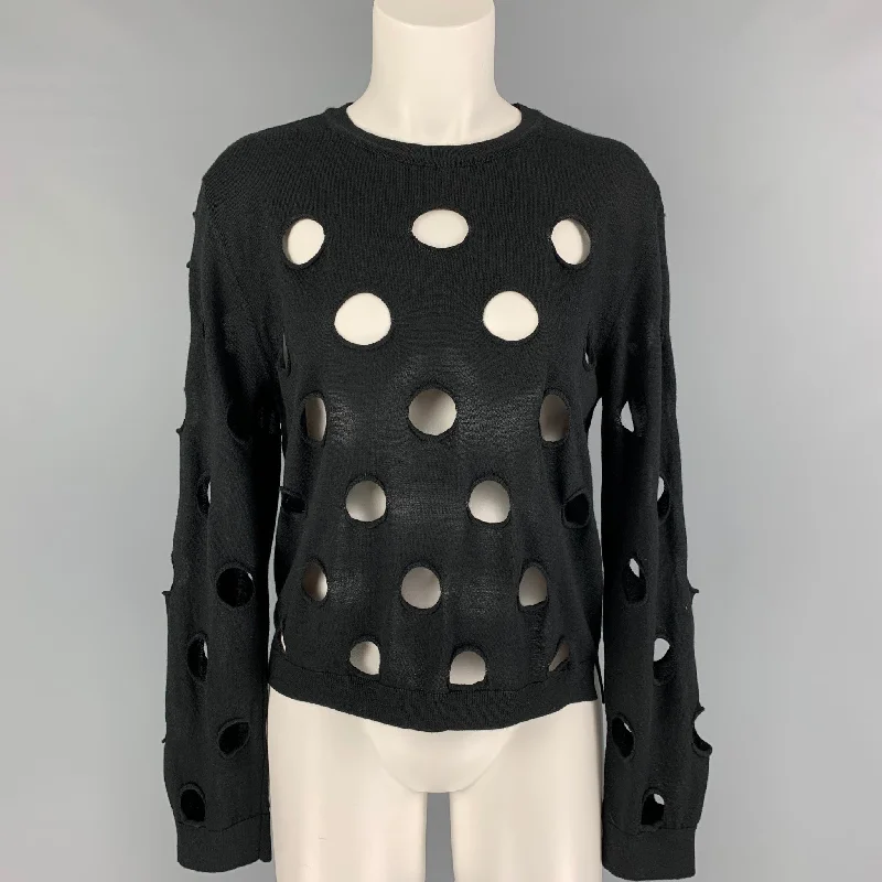 SIMONE ROCHA Size L Black Merino Wool Blend Cut Out Crew-Neck Pullover Faux Fur Trim