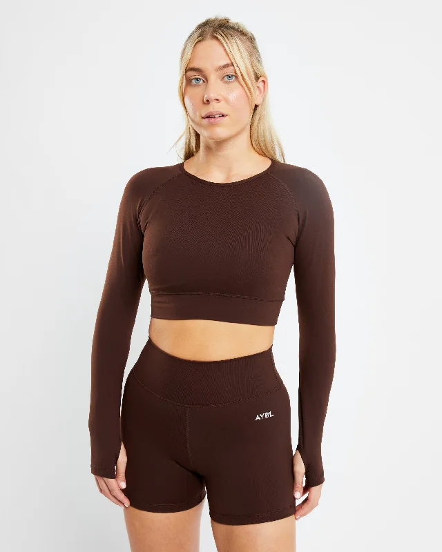Core Long Sleeve Crop Top - Chocolate Brown Satin Fabric Silk Fabric Chiffon Fabric