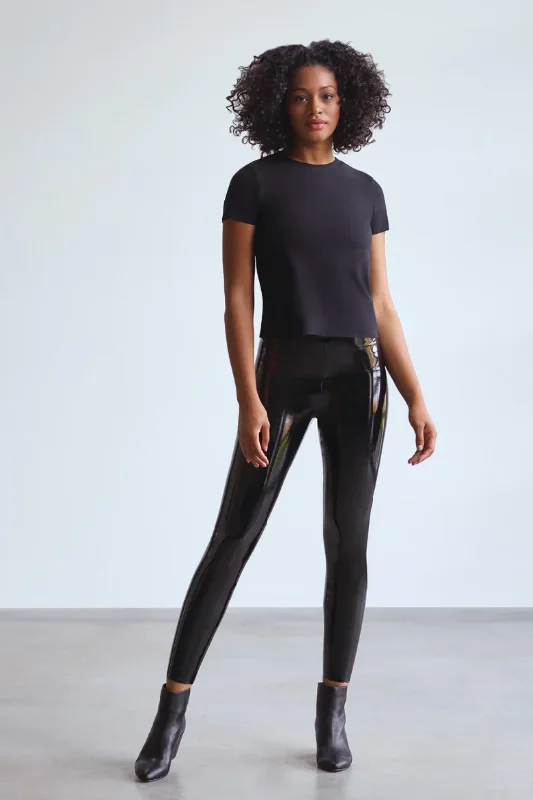 Black Faux Patent Leather Legging Fashionable Lacy Detail Leggings