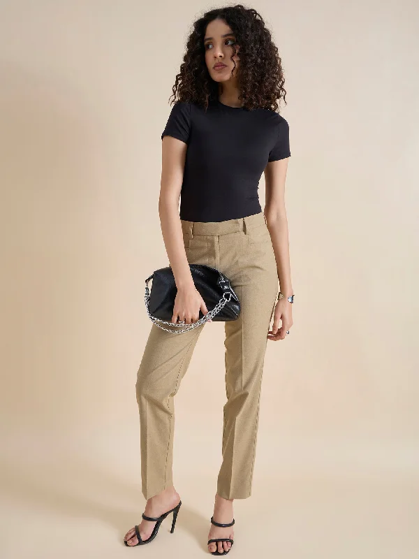 Beige Regular Fit Mid Waist Trouser Trousers Trousers Formal