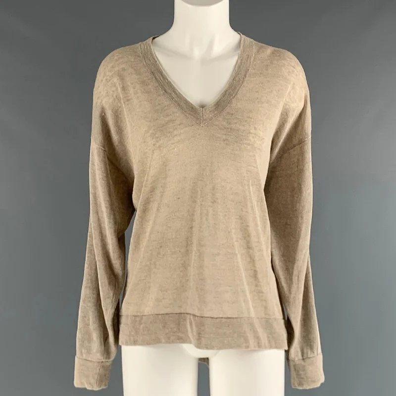 BRUNELLO CUCINELLI Size L Camel Mixed Fabrics Oversized Pullover Lapel Neck Sweater