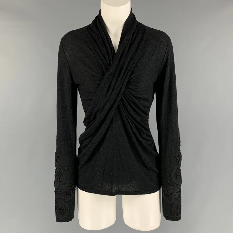 JOSIE NATORI Size M Black Silk & Cashmere Aplique Ruched Pullover Besom Neck Pullover