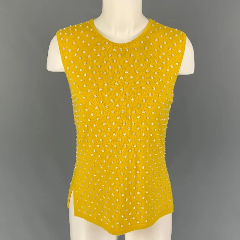 OSCAR DE LA RENTA Size M Yellow Cashmere Beaded Sleeveless Pullover Bardot Neck Top