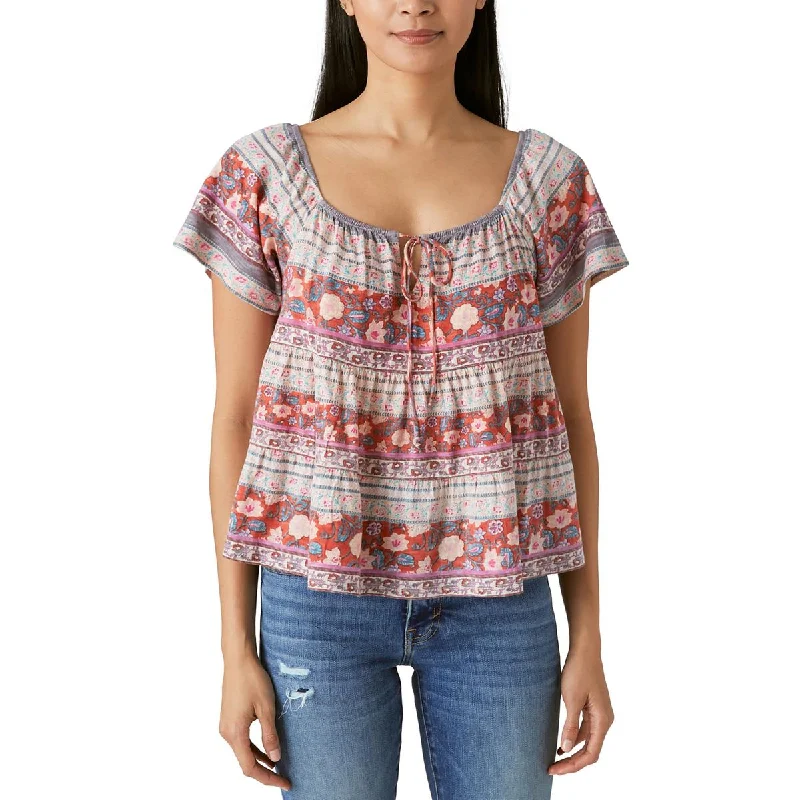 Lucky Brand Womens Tie Neck Short Sleeves Pullover Top Textured Knit Design