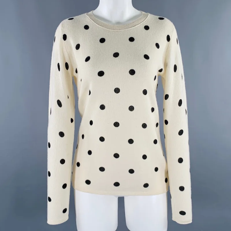NEIMAN MARCUS Size S Beige Black Cashmere Polka Dot Crew Neck Pullover Ruffled Neck Pullover NEIMAN MARCUS Size S Beige Black Cashmere Polka Dot Crew Neck Pullover Ruffled Neck Pullover